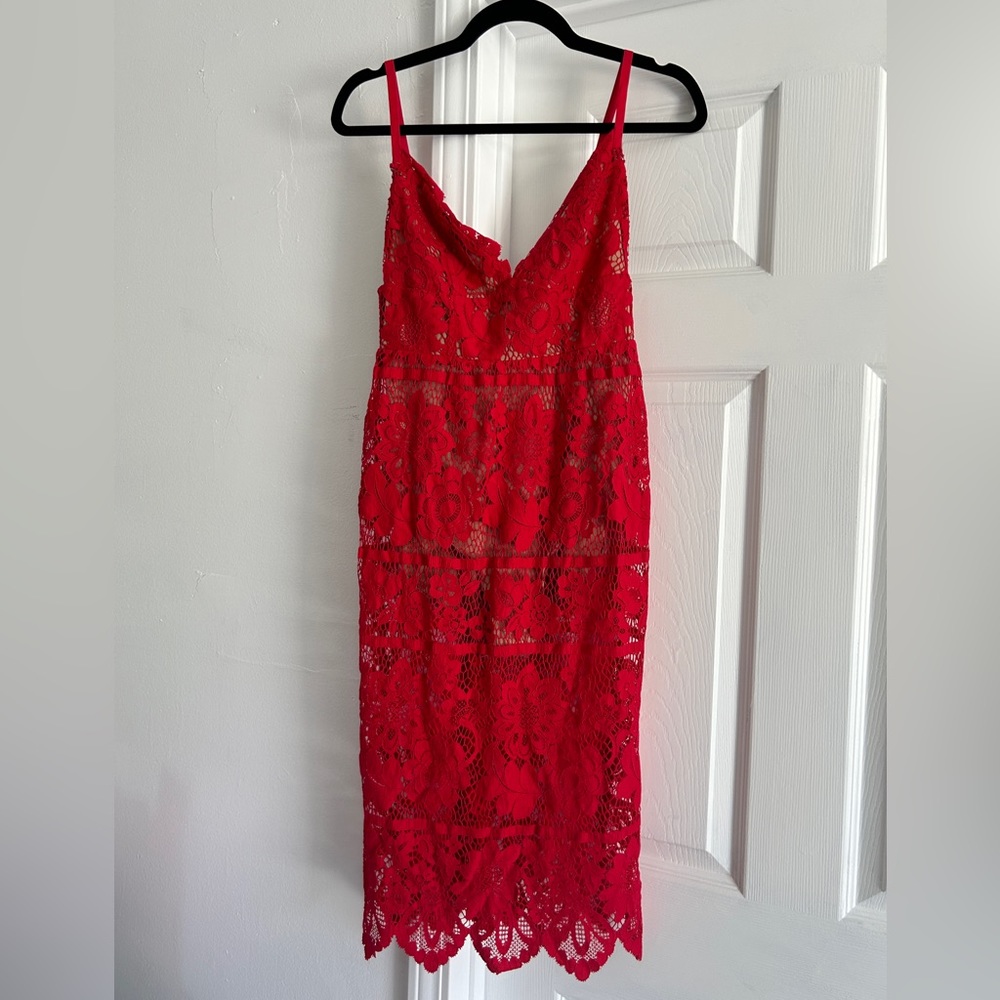 NWT For Love and Lemons Gianna Midi Dress in Red Lace S